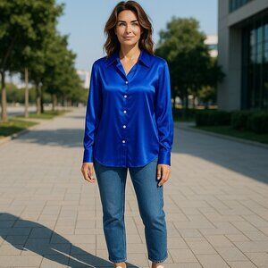 Vintage 80's Norton McNaughton Silky Satin Blue Long Sleeved Blouse 8 Old Money